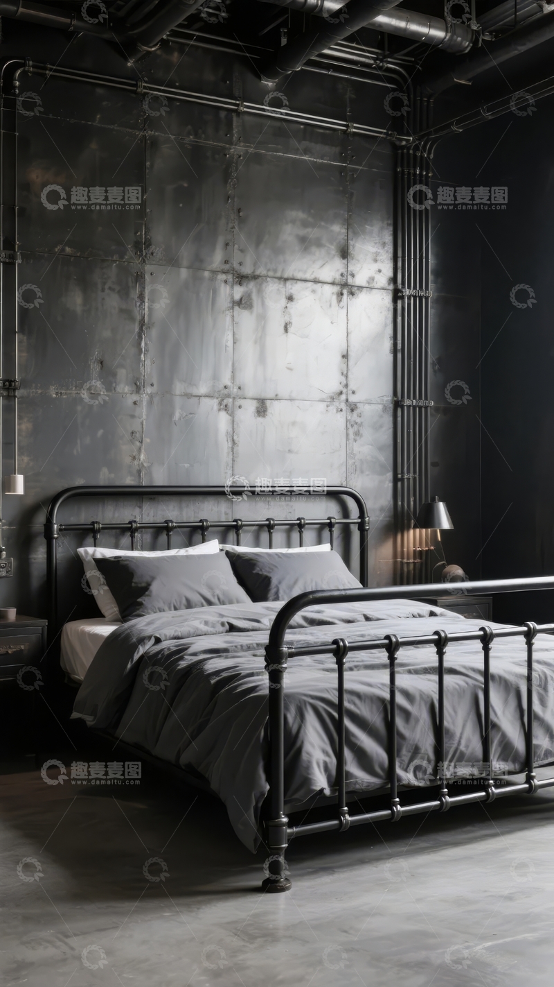 高清大图下载【趣麦麦图】工业风卧室金属墙面与铁艺床具