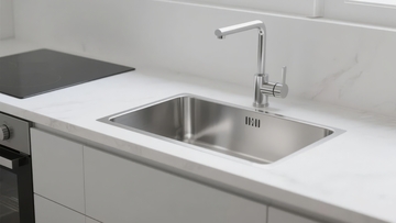 现代厨房白色台面不锈钢水槽及电磁炉