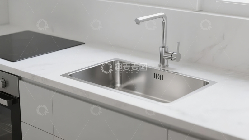 高清大图下载【趣麦麦图】现代厨房白色台面不锈钢水槽及电磁炉