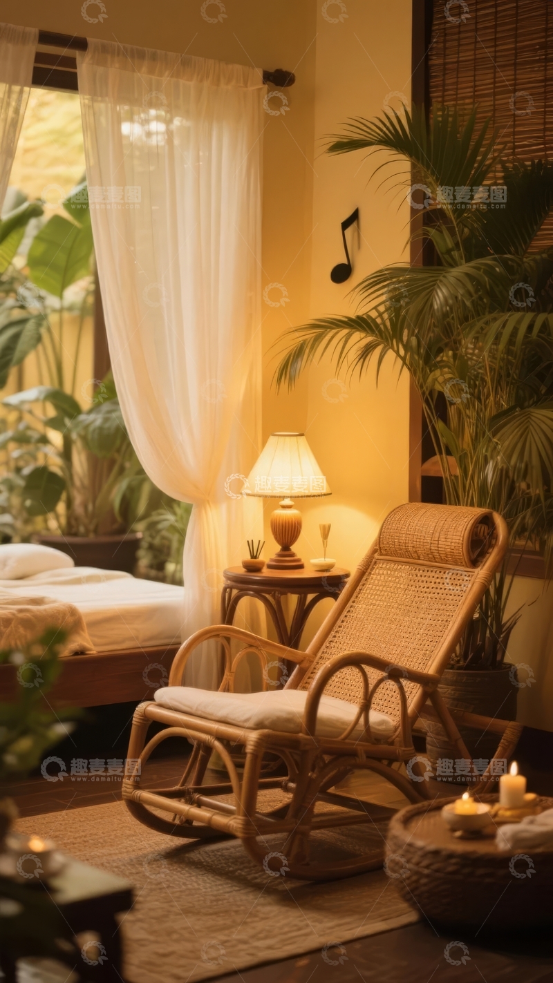 高清大图下载【趣麦麦图】温馨室内角落摆放着藤椅和台灯