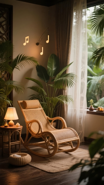 温馨室内角落摆放藤椅绿植与灯光营造舒适氛围