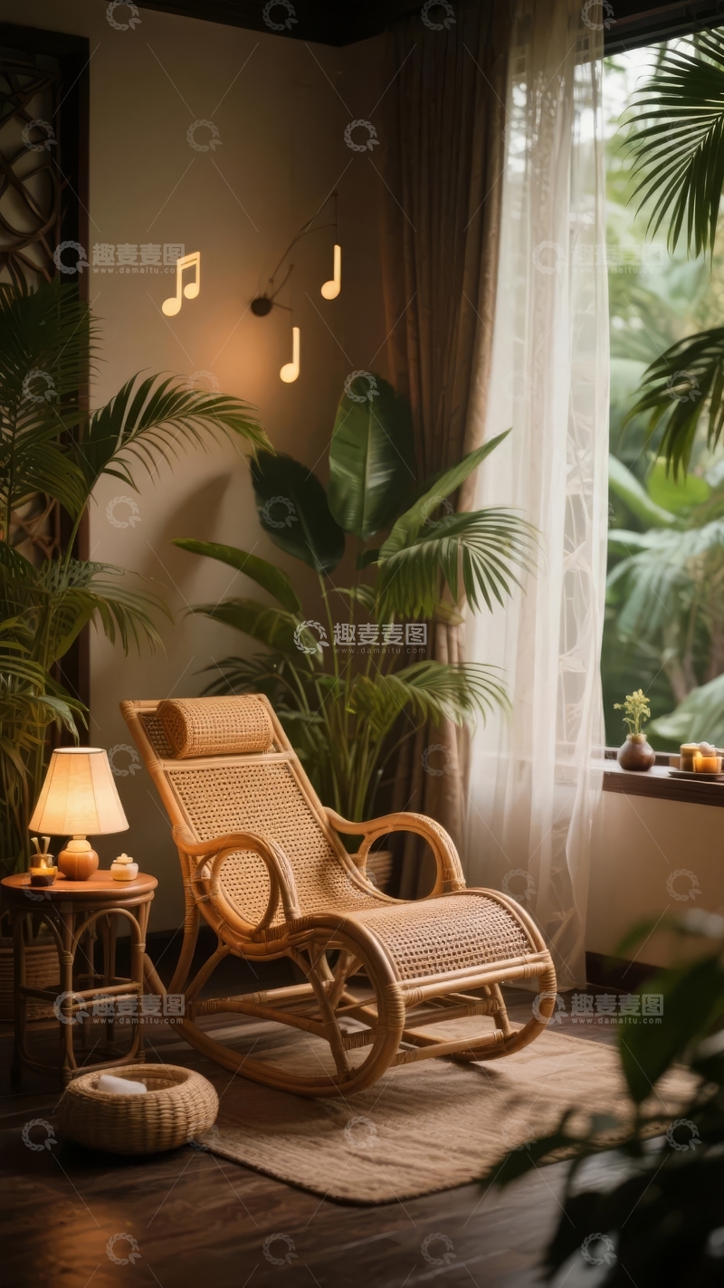 高清大图下载【趣麦麦图】温馨室内角落摆放藤椅绿植与灯光营造舒适氛围