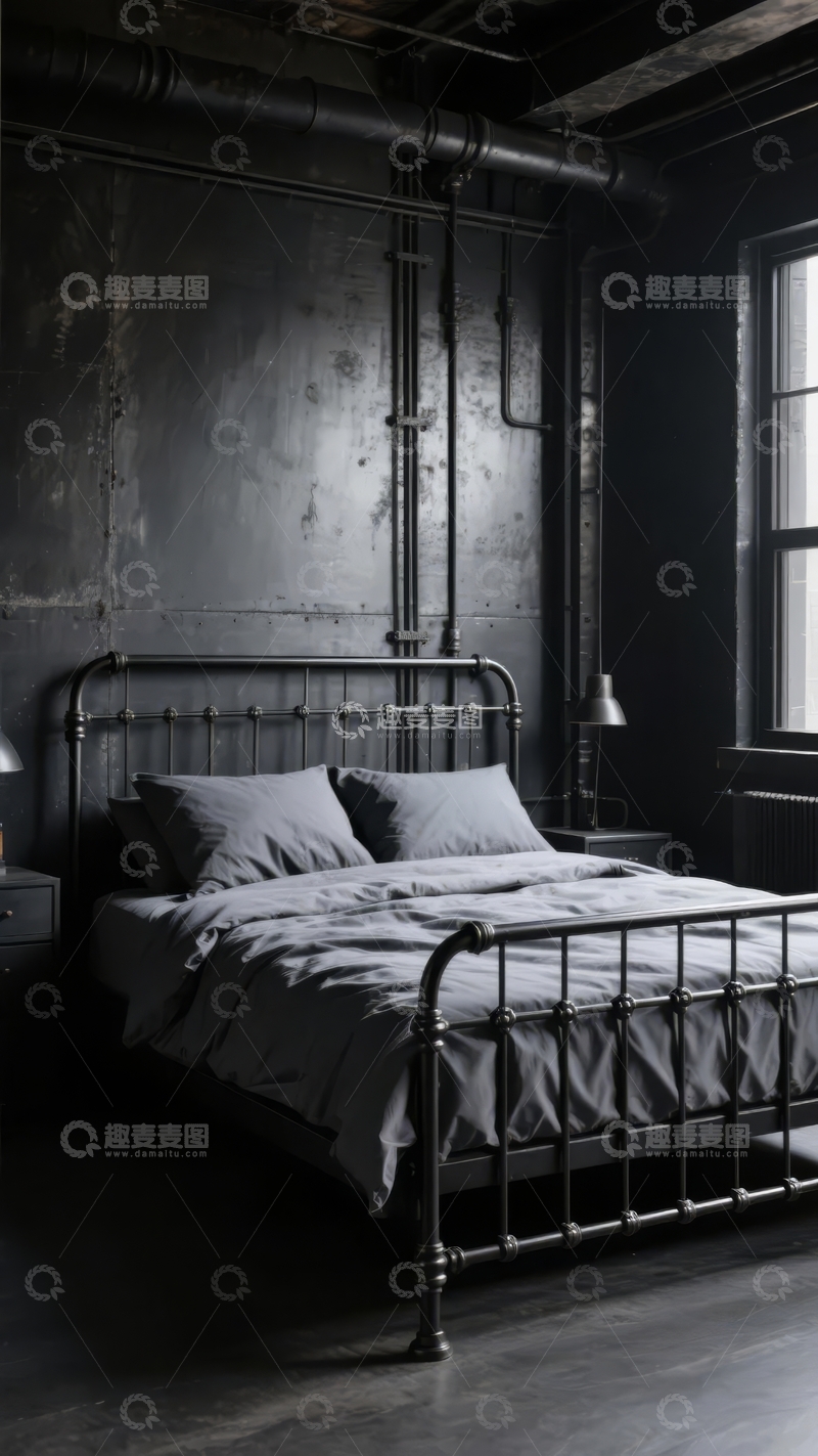 高清大图下载【趣麦麦图】工业风卧室暗调设计床头管道裸露