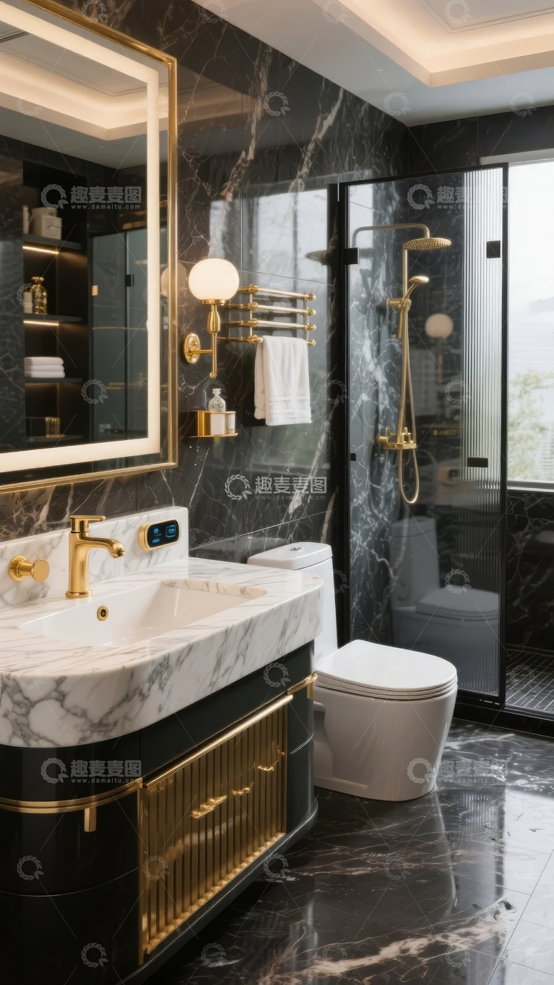 高清大图下载【趣麦麦图】现代奢华浴室设计黑白大理石墙面金色五金装饰