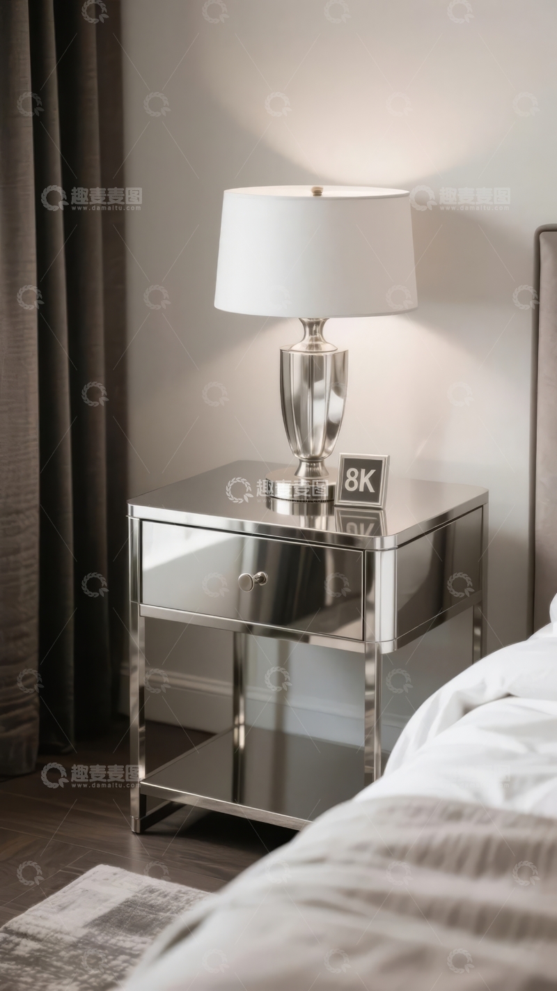 高清大图下载【趣麦麦图】现代卧室床头柜上的台灯和装饰品