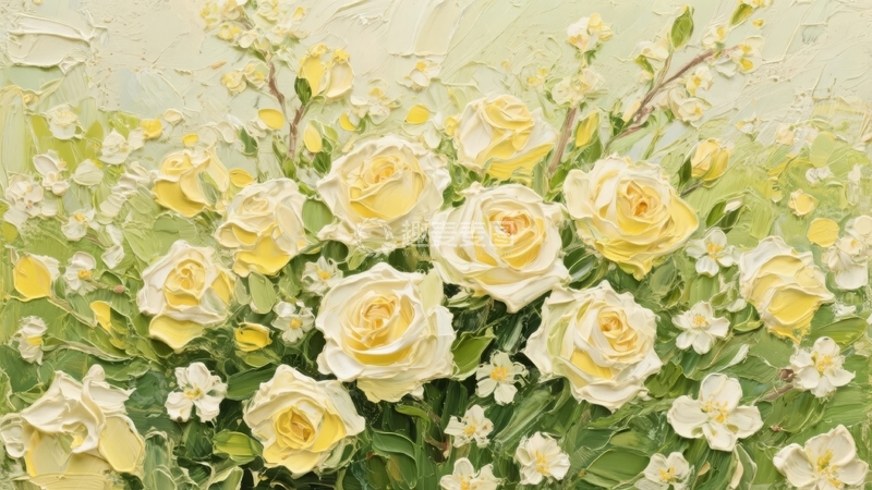 高清大图下载【趣麦麦图】盛开的黄色玫瑰与白色小花组成的美丽花卉图案