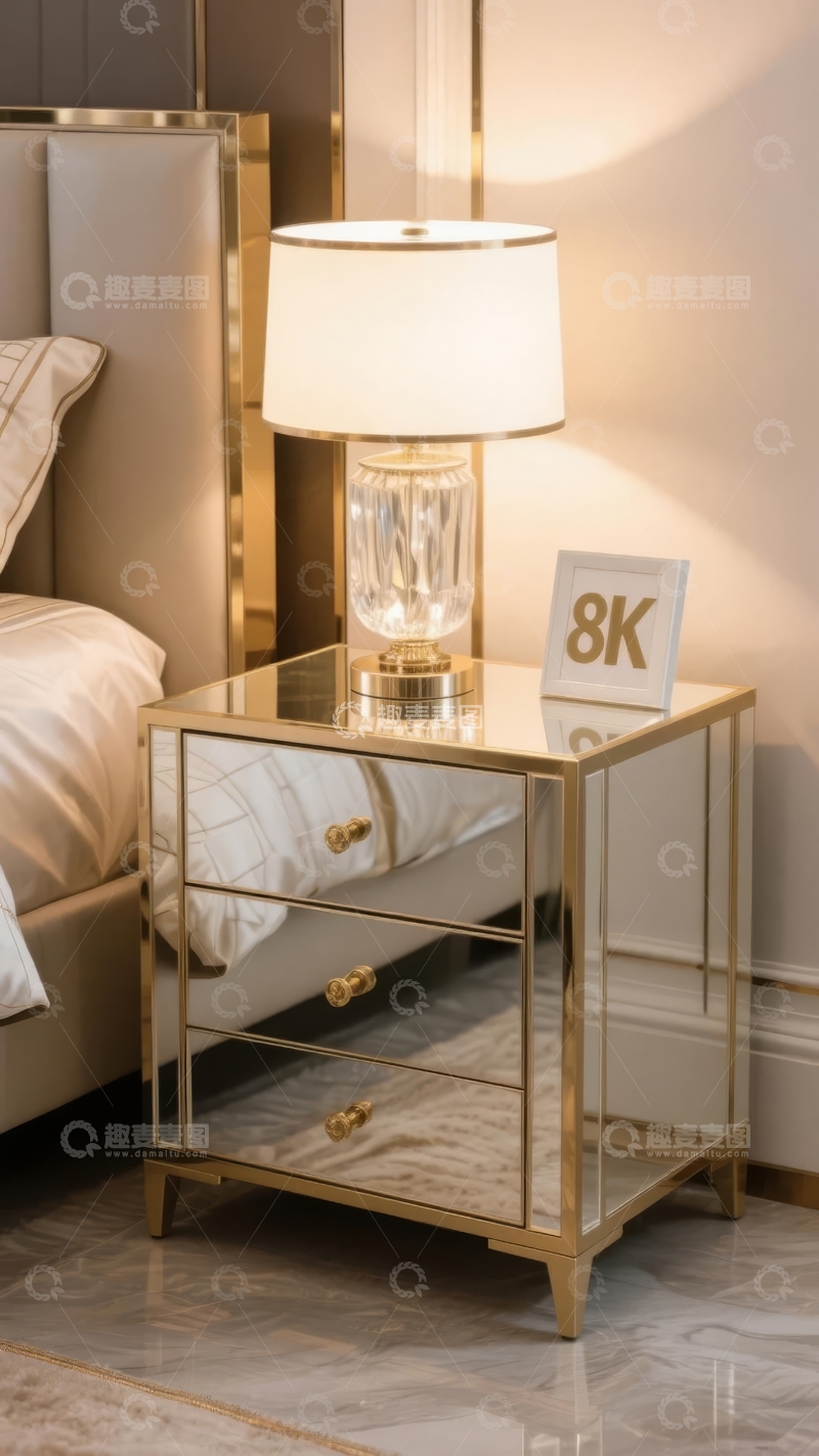 高清大图下载【趣麦麦图】现代卧室床头柜配水晶台灯与装饰牌