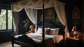 典雅复古风格卧室床幔轻柔窗帘窗外绿意盎然