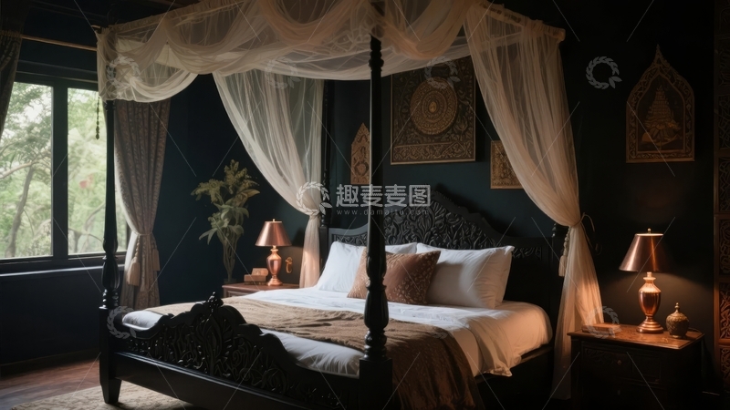 高清大图下载【趣麦麦图】典雅复古风格卧室床幔轻柔窗帘窗外绿意盎然