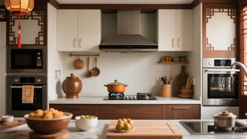 现代中式风格厨房展示整洁厨具与食材