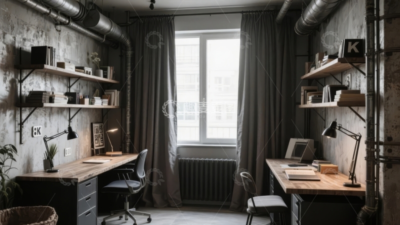 高清大图下载【趣麦麦图】工业风办公室设计带木质书桌和开放式架子