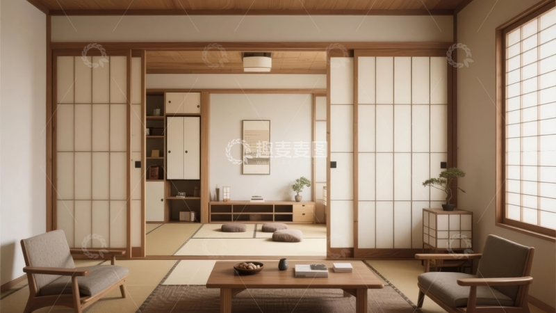 高清大图下载【趣麦麦图】日式风格室内空间展示木质框架与纸拉门设计