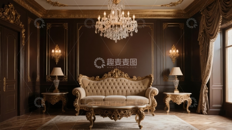 高清大图下载【趣麦麦图】豪华古典风格客厅中央摆放着金色雕花沙发