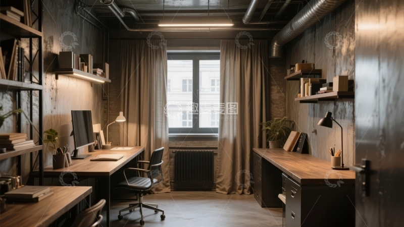 高清大图下载【趣麦麦图】现代工业风办公室内景配备木质桌椅和书架