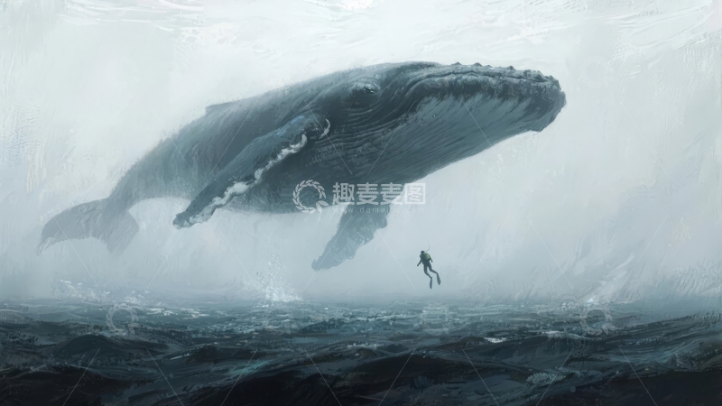 高清大图下载【趣麦麦图】巨鲸游弋海面潜水者仰望壮观景象