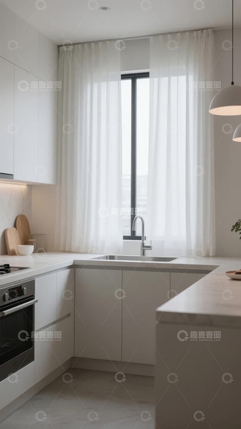 高清大图下载【趣麦麦图】现代简约风格厨房设计窗边白色窗帘与橱柜