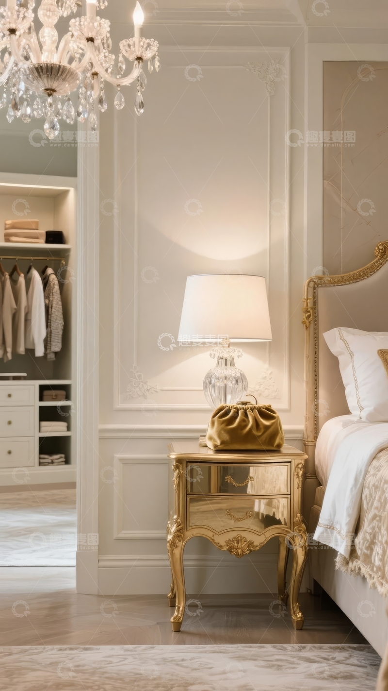 高清大图下载【趣麦麦图】优雅卧室一角展示金色床头柜与华丽吊灯