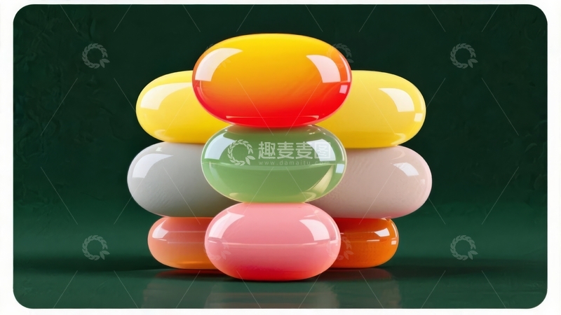 高清大图下载【趣麦麦图】色彩缤纷的糖果状球体堆叠在深绿色背景上