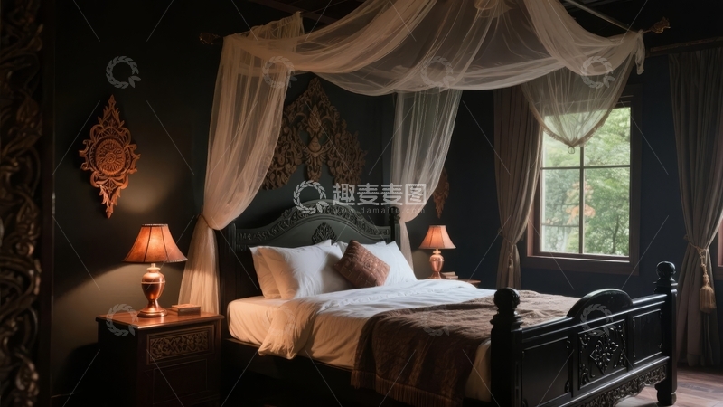 高清大图下载【趣麦麦图】装饰华丽的卧室配有雕花床和轻纱窗帘