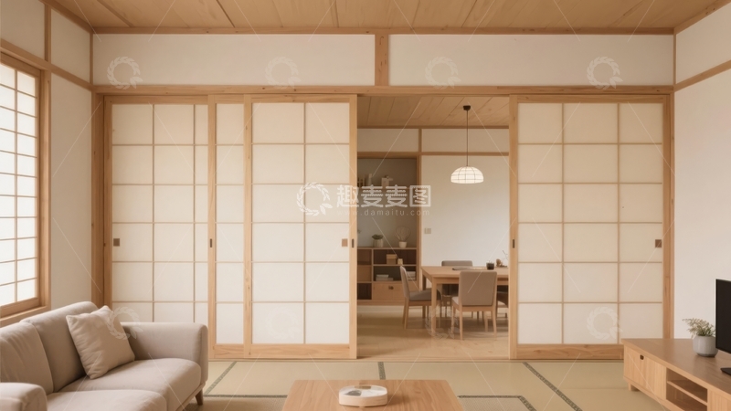 高清大图下载【趣麦麦图】日式风格室内空间展示传统推拉门与简约家具布置