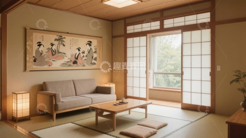 高清大图下载【趣麦麦图】日式风格室内空间摆放着沙发和装饰画