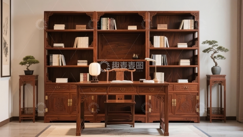高清大图下载【趣麦麦图】中式古典书房陈设典雅书桌书架摆件齐全