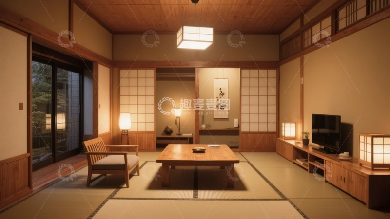 高清大图下载【趣麦麦图】传统日式房间内摆放着木质家具和榻榻米