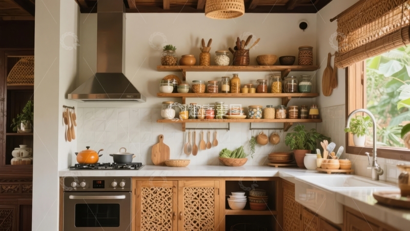 高清大图下载【趣麦麦图】温馨木质厨房摆放整齐的调味罐与厨具