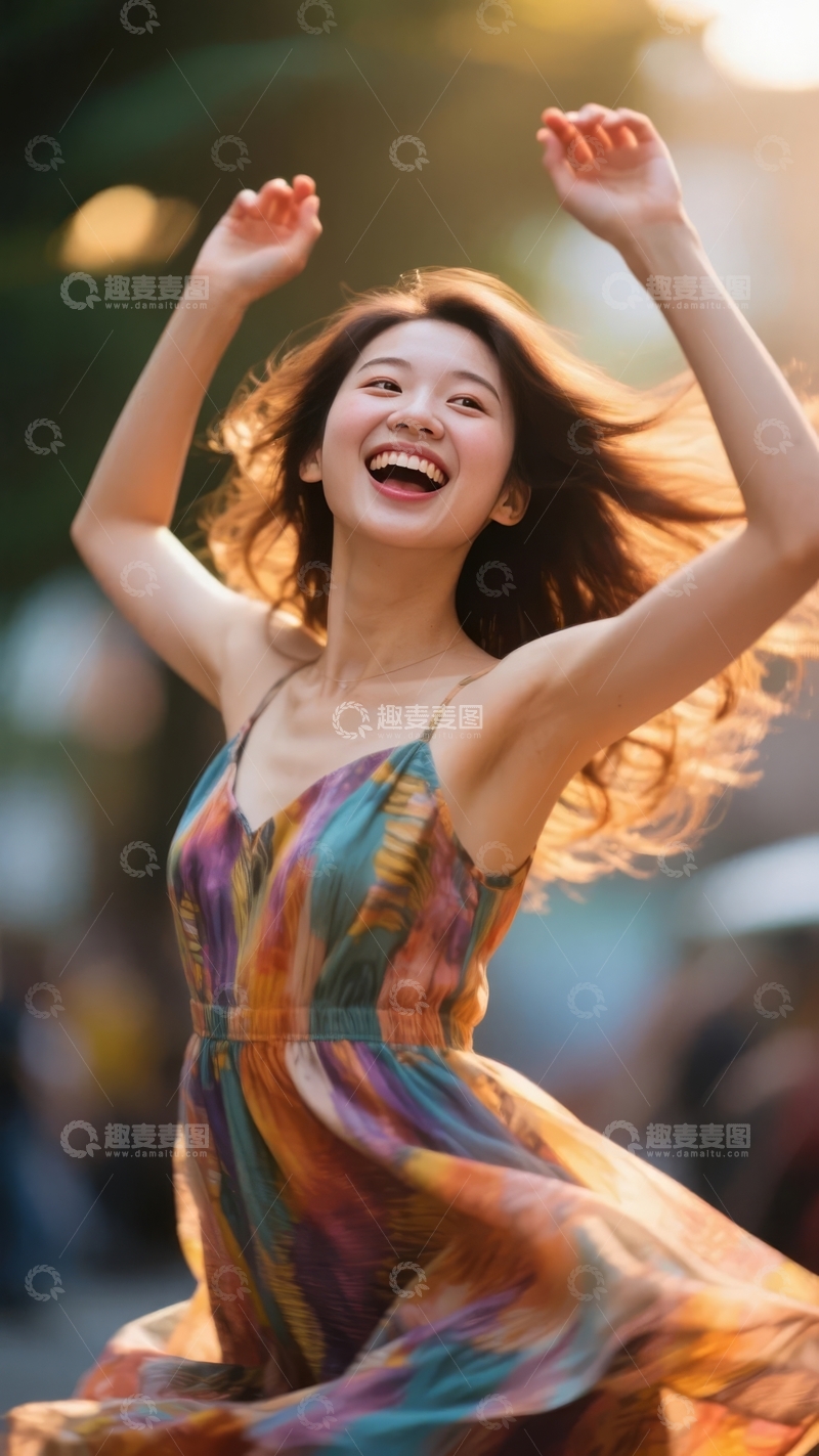 高清大图下载【趣麦麦图】女子身穿彩色吊带裙在户外开心跳跃