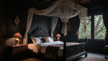 深色墙壁的卧室配有华丽床幔和温馨灯光