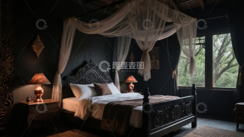 高清大图下载【趣麦麦图】深色墙壁的卧室配有华丽床幔和温馨灯光