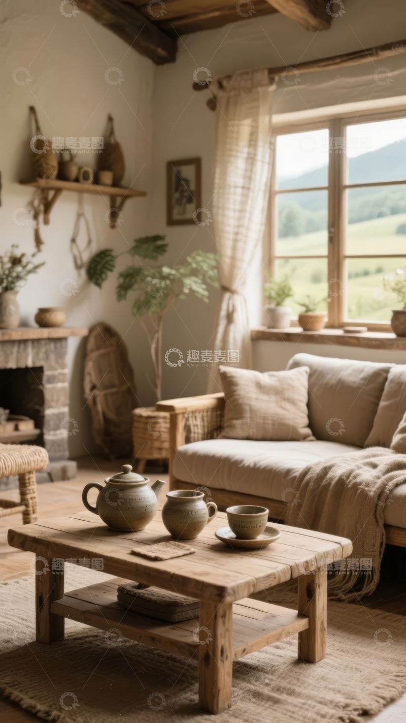 高清大图下载【趣麦麦图】温馨田园风客厅内景透过窗户可见山景