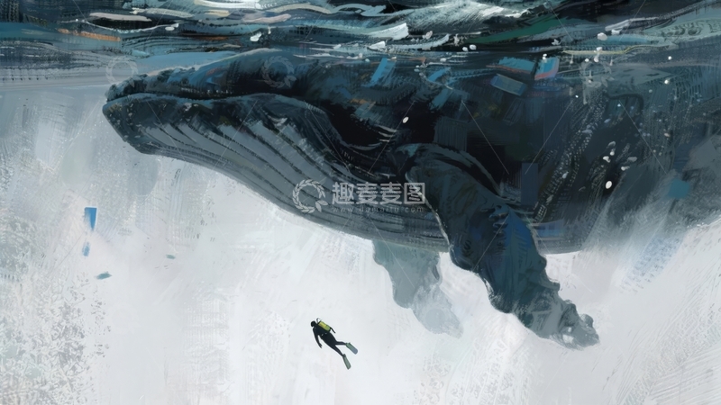 高清大图下载【趣麦麦图】潜水者与巨大鲸鱼在深海中的奇幻相遇