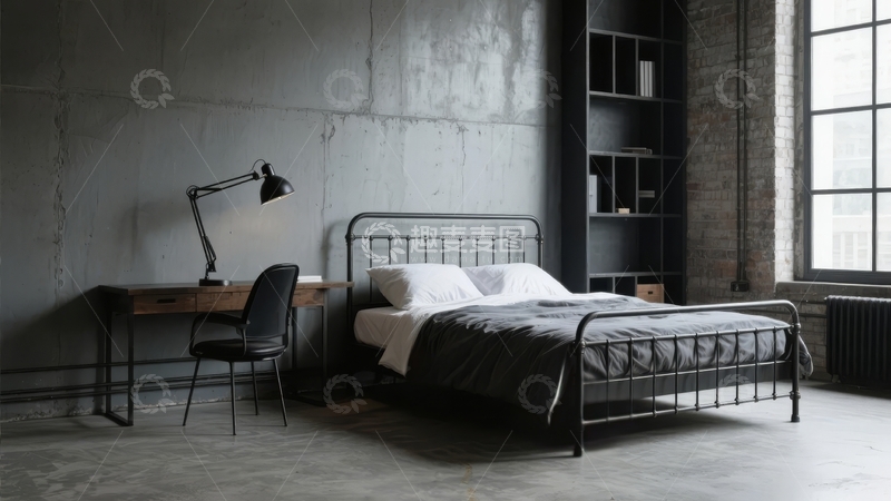 高清大图下载【趣麦麦图】现代简约风格卧室配备金属床架和工业风装饰