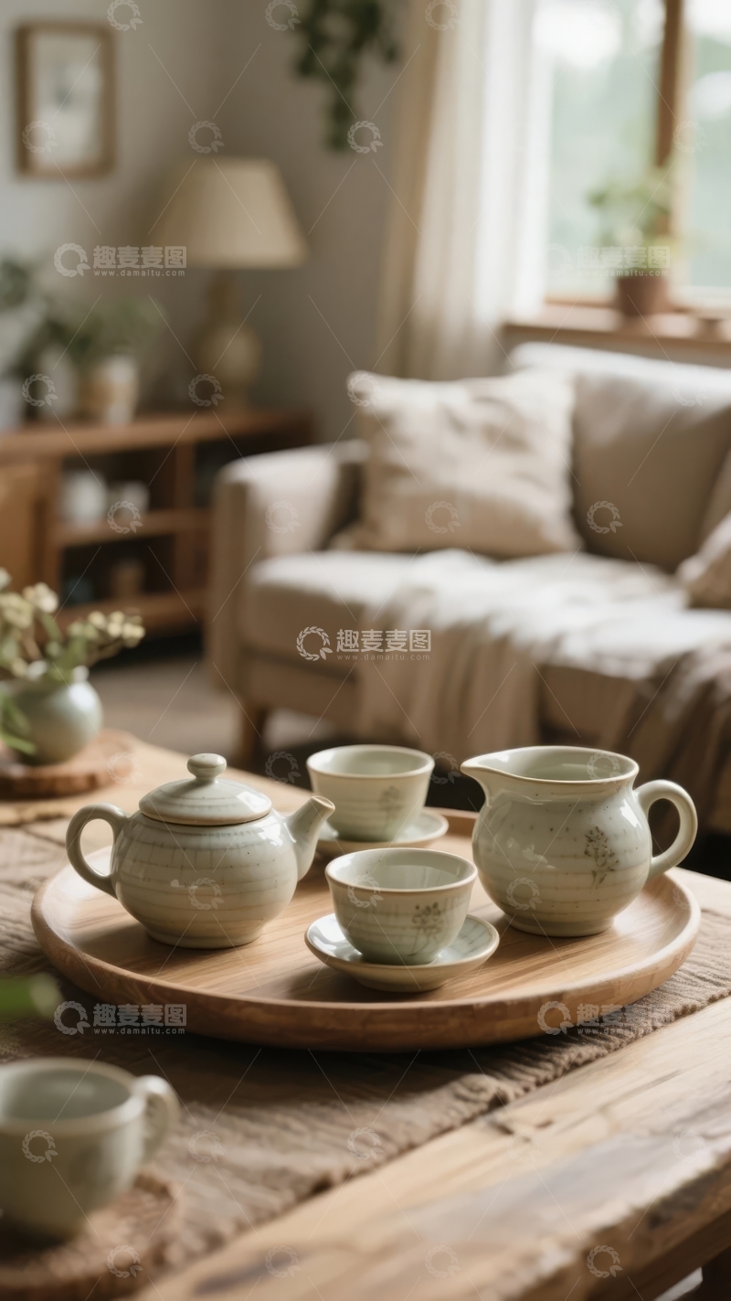 高清大图下载【趣麦麦图】温馨客厅中的陶瓷茶具摆设