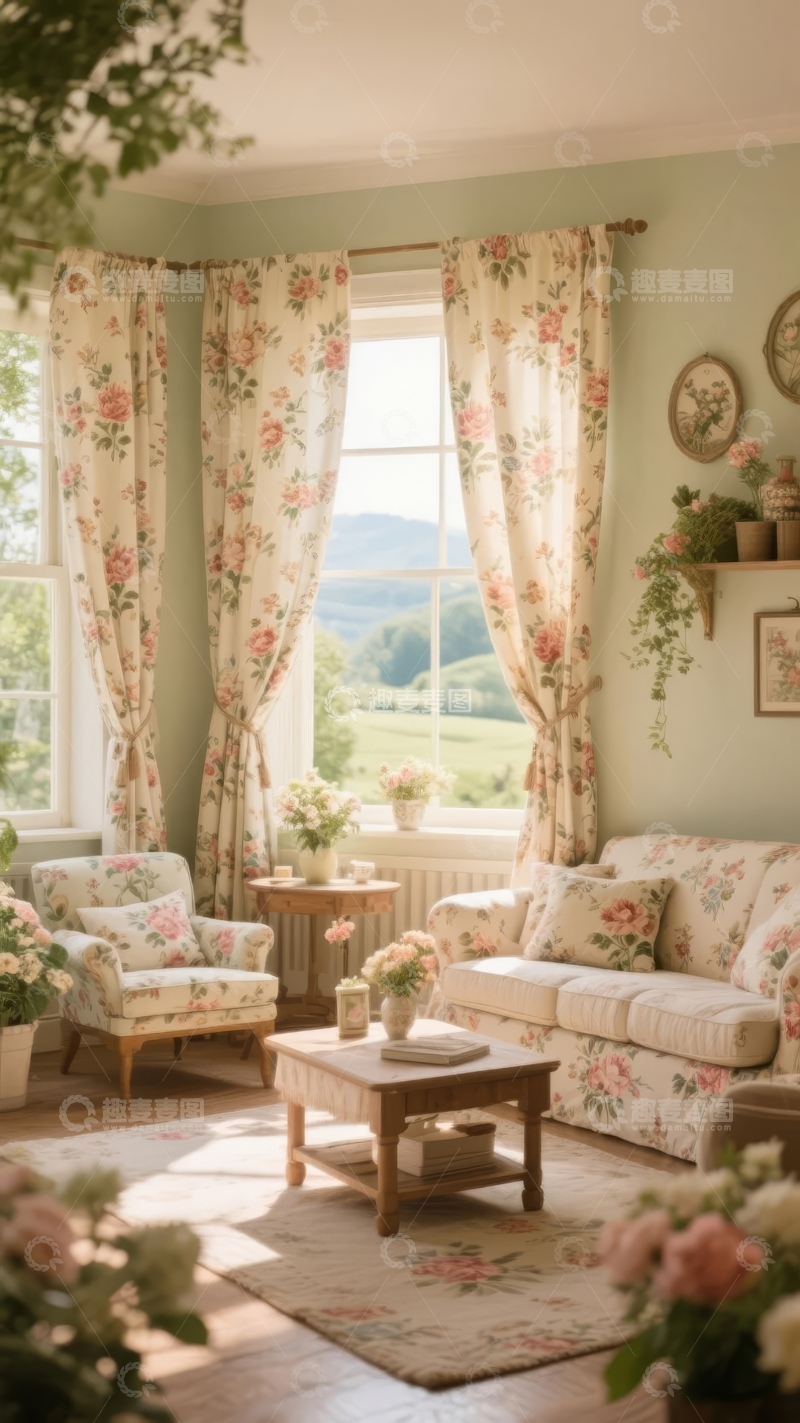 高清大图下载【趣麦麦图】田园风格客厅窗外绿意盎然