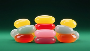 多彩胶囊状物体堆叠在绿色背景上