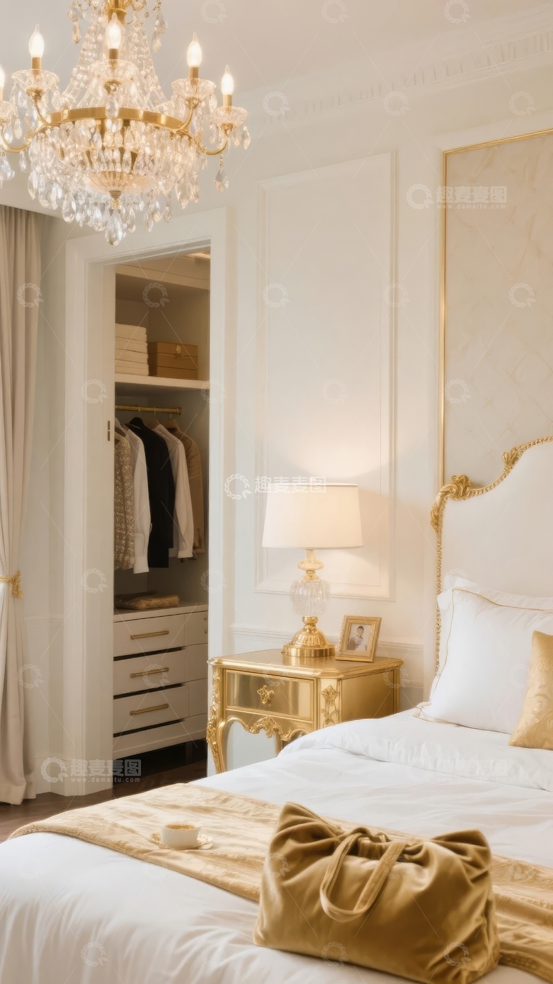 高清大图下载【趣麦麦图】豪华卧室装饰典雅床头柜与吊灯
