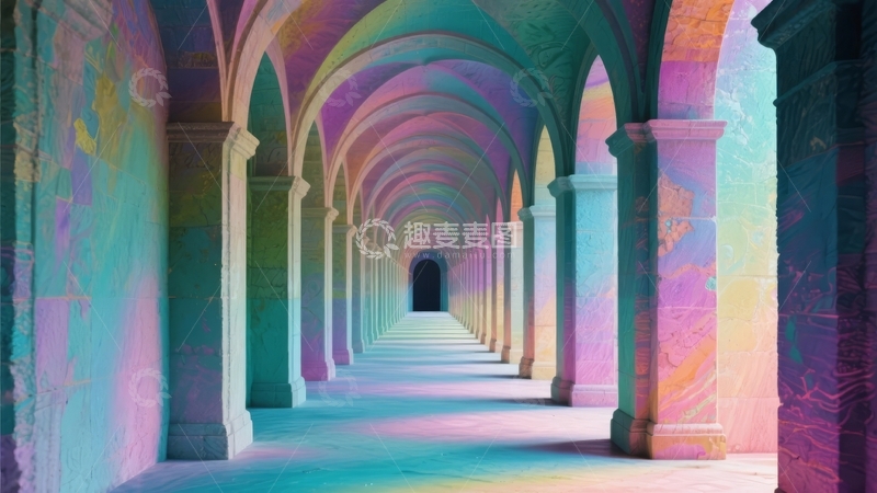 高清大图下载【趣麦麦图】色彩斑斓拱廊长廊光影交错艺术视觉