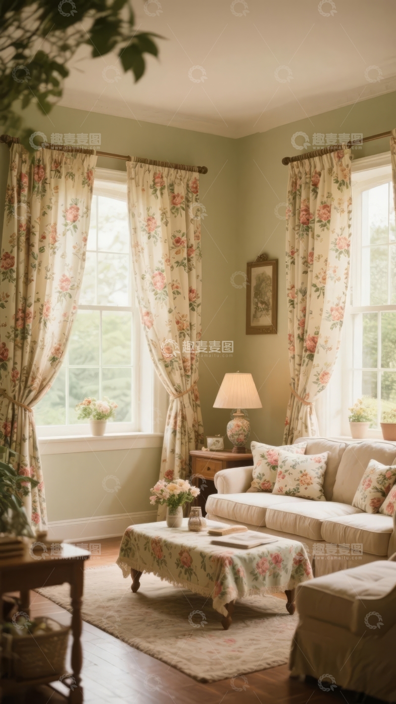 高清大图下载【趣麦麦图】温馨客厅布置窗边摆放花卉与沙发