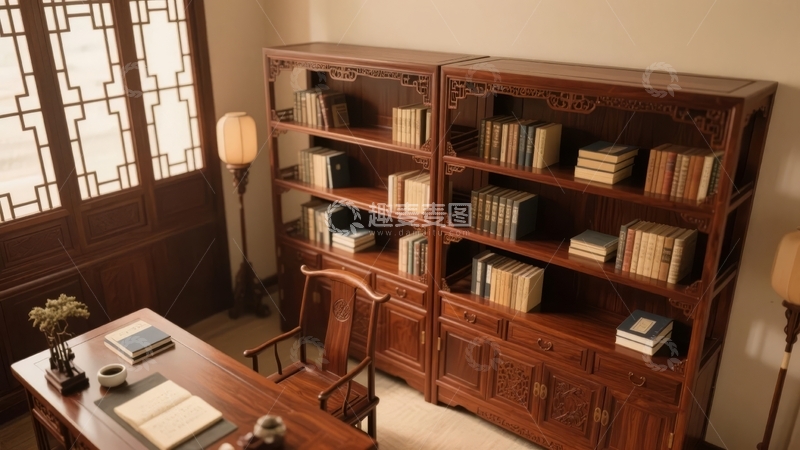 高清大图下载【趣麦麦图】中式书房内摆放着木质书架和书桌的宁静场景