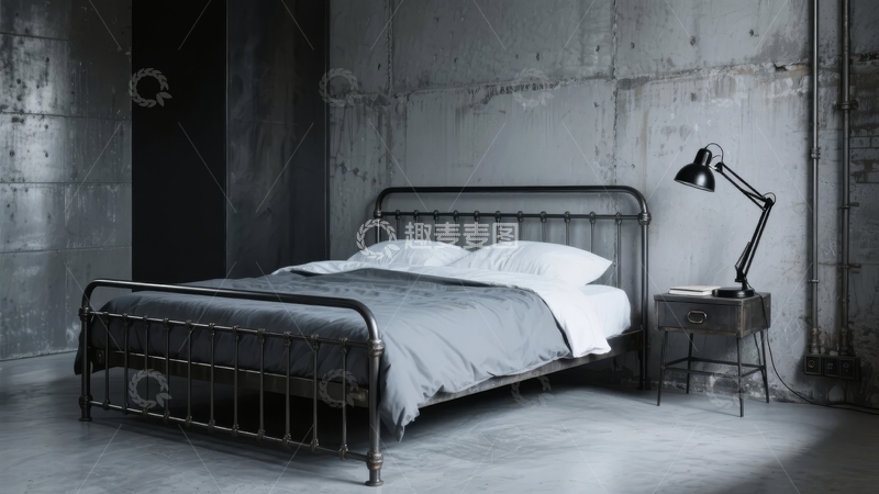 高清大图下载【趣麦麦图】工业风卧室中金属床与简约床品的静谧角落
