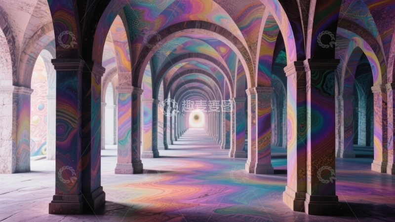 高清大图下载【趣麦麦图】色彩斑斓拱廊通道光影交错艺术场景