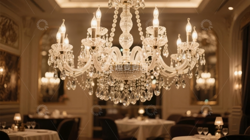 高清大图下载【趣麦麦图】华丽水晶吊灯下的优雅餐厅内部场景