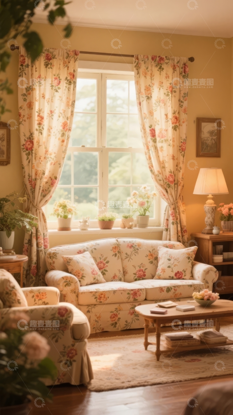 高清大图下载【趣麦麦图】温馨田园风格客厅窗边花卉沙发与装饰