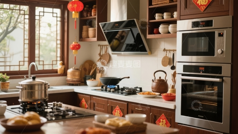 高清大图下载【趣麦麦图】现代厨房内摆放着厨具和装饰品