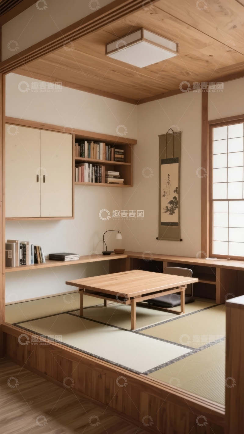 高清大图下载【趣麦麦图】-日式风格室内空间木质天花板与榻榻米地板