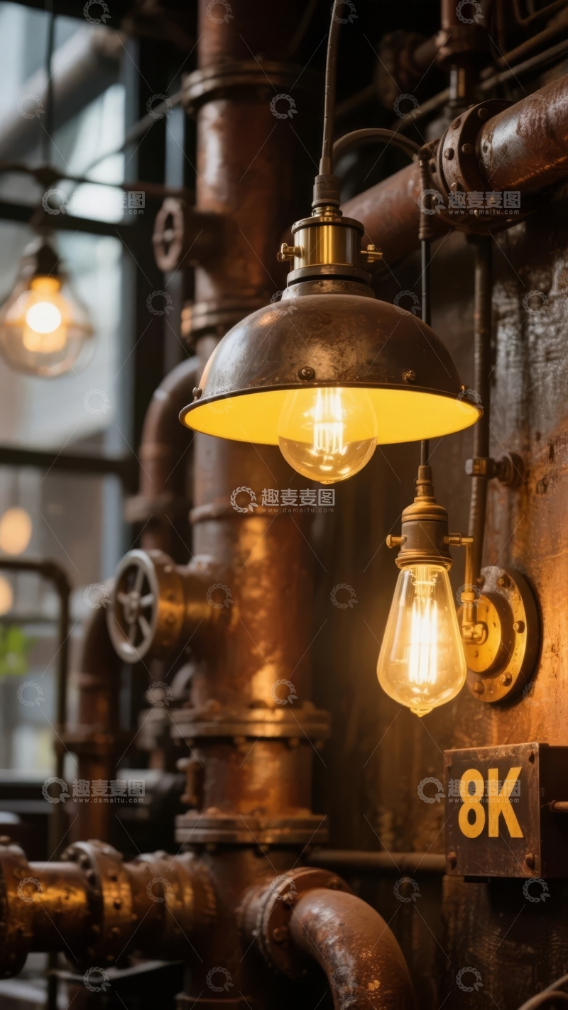 高清大图下载【趣麦麦图】复古工业风格管道与吊灯照明场景