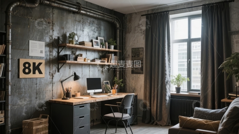 高清大图下载【趣麦麦图】工业风办公室内景书架电脑桌窗台绿植