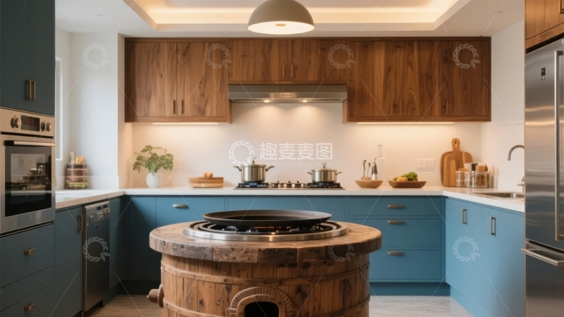 高清大图下载【趣麦麦图】现代厨房设计融合木质与蓝色元素